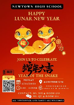 Lunar New Year flyer, two cutesy golden snakes with traditional Chinese garb and fireworks. All information in adjoining post.